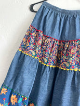 Load image into Gallery viewer, Vintage 70s Floral and Paisley Print Denim Maxi Skirt -- Size Small