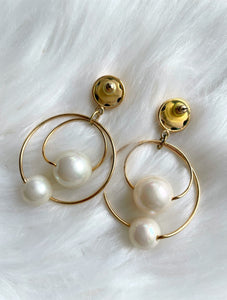 Vintage Faux Gold Dangling Pearl Hoop Earrings