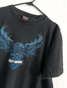 Vintage Y2K Black and Blue Eagle Design Harley-Davidson Tee