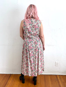 Vintage 90s Pink Cabbage Rose Floral Print Button Down Maxi Dress
