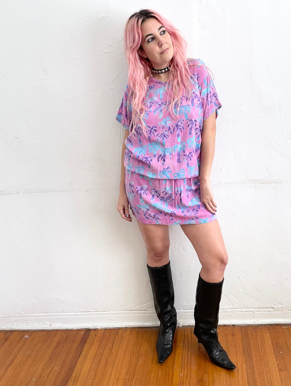 Vintage 90s Purple Tie Dye Palm Tree Print Mini Dress Vintage 90s Purple Tie Dye Palm Tree Print Mini Dress