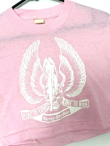 Vintage 80s Harley-Davidson Pink Biker Babe "Love to Ride, Ride to Love" Cropped Tee