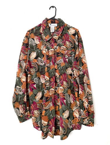 Vintage 90s Oversized Silky Floral Paisley Print Button Down