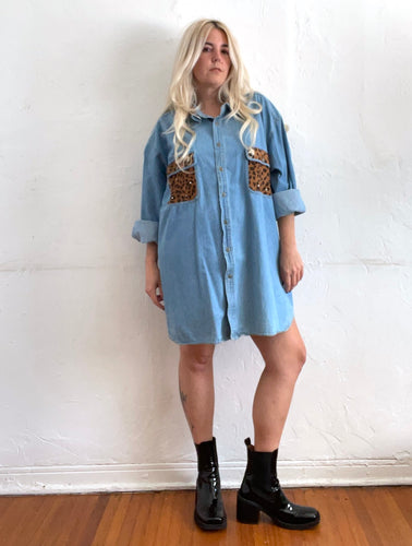 Vintage 90s Rhinestone Leopard Print Detail Denim Shirtdress