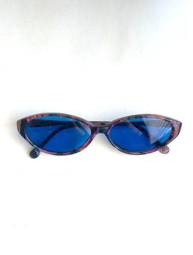 Vintage Colorful Shimmery Blue Tint Oval Sunglasses