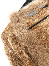 Load image into Gallery viewer, medium length vintage y2k  open front cardigan in a brown and beige palette with fuzzy trim