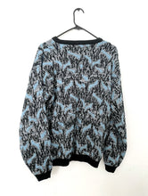 Load image into Gallery viewer, Vintage 80s Cozy Oversized Black and Blue Abstract design Graphic Sweater