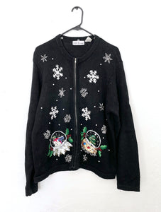 Vintage 90s Beaded Zipper Front Snow Globe Design Ugly Christmas Sweater Cardigan