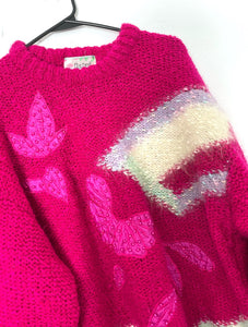 Vintage 80s Hot Pink Chunky Knit Oversized Sweater