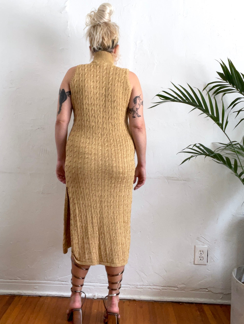 Vintage 90s Metallic Gold Chunky Knit Turtleneck Midi Dress Vintage 90s Metallic Gold Chunky Knit Turtleneck Midi Dress