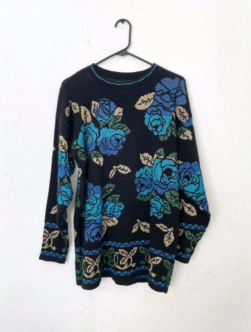 Vintage 80s Metallic Blue Rose Print Sweater Dress Vintage 80s Metallic Blue Rose Print Sweater Dress