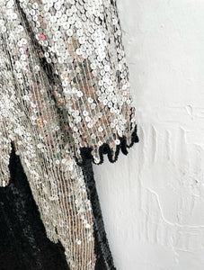 Vintage 80s Silk Black and Silver Sequined and Beaded Midi Dress