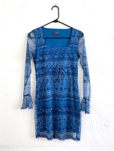 Vintage Y2K Blue Paisley Print Bell Sleeve Mini Dress