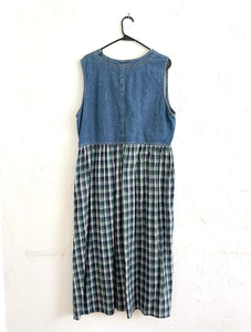 Vintage 90s Denim and Flannel Plaid Maxi Dress