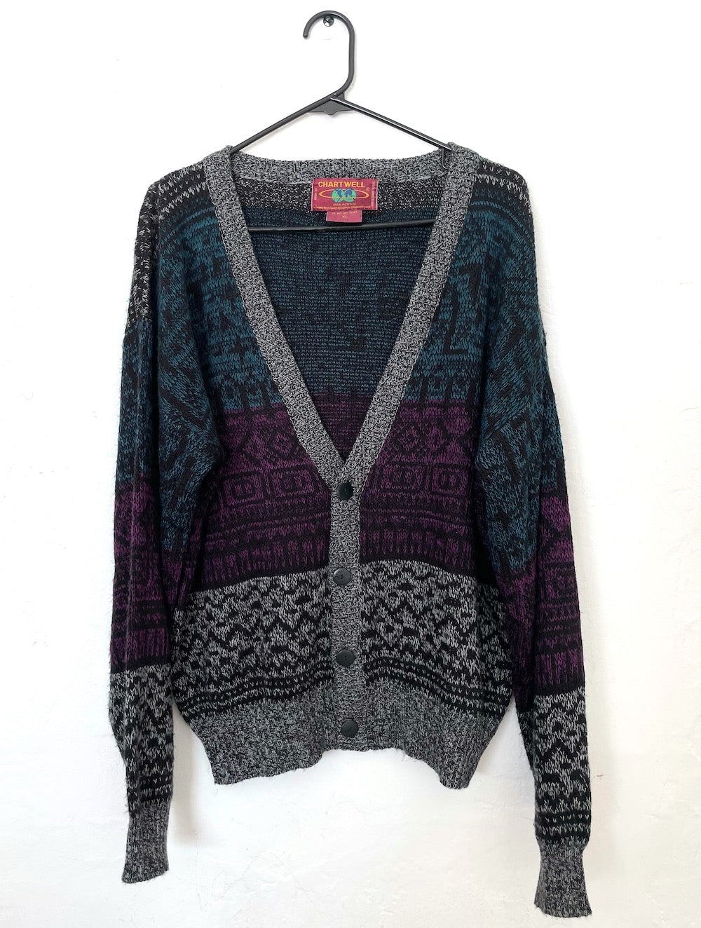 Vintage 90s Purple and Teal Printed Cozy Knit Cardigan