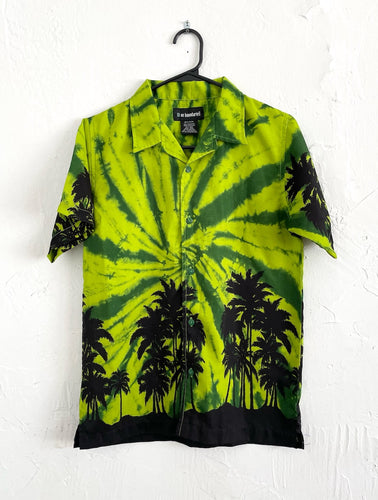 Vintage Y2K Lime Green Tie Dye Palm Tree Design Button Down Top