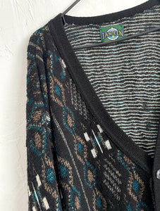 Vintage 90s Black and Teal Abstract Print Cozy Knit Cardigan