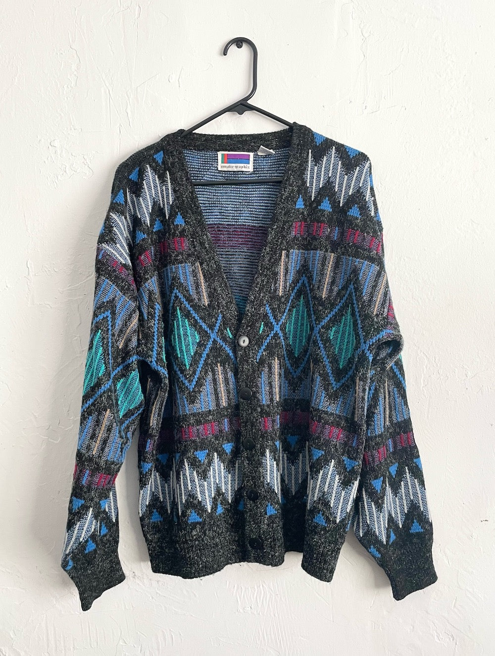 Vintage 80s Grey and Blue Diamond Zig Zag Print Cozy Knit Cardigan