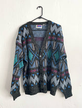 Load image into Gallery viewer, Vintage 80s Grey and Blue Diamond Zig Zag Print Cozy Knit Cardigan