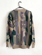 Load image into Gallery viewer, Vintage 80s Purple Green and Brown Abstract Print Cozy Knit Cardigan