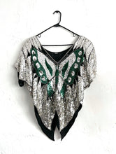Load image into Gallery viewer, Social Butterfly Vintage 80s Green and Silver Silk Sequined Party Top