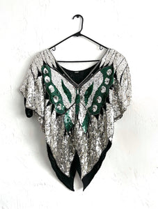 Social Butterfly Vintage 80s Green and Silver Silk Sequined Party Top