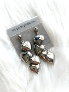 Vintage Faux Silver Dangling Puffy Heart Earrings