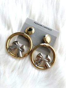 Vintage Faux Silver And Gold Dangling Bow Earrings