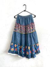 Load image into Gallery viewer, Vintage 70s Floral and Paisley Print Denim Maxi Skirt -- Size Small