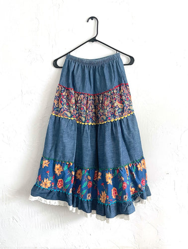 Vintage 70s Floral and Paisley Print Denim Maxi Skirt -- Size Small