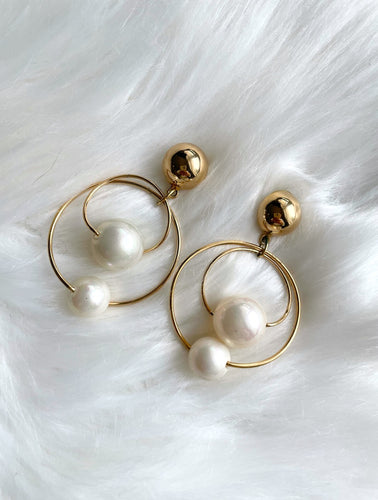 Vintage Faux Gold Dangling Pearl Hoop Earrings