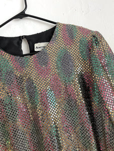 Vintage 80s Iridescent Gold Tie Bottom Sequined Party Top