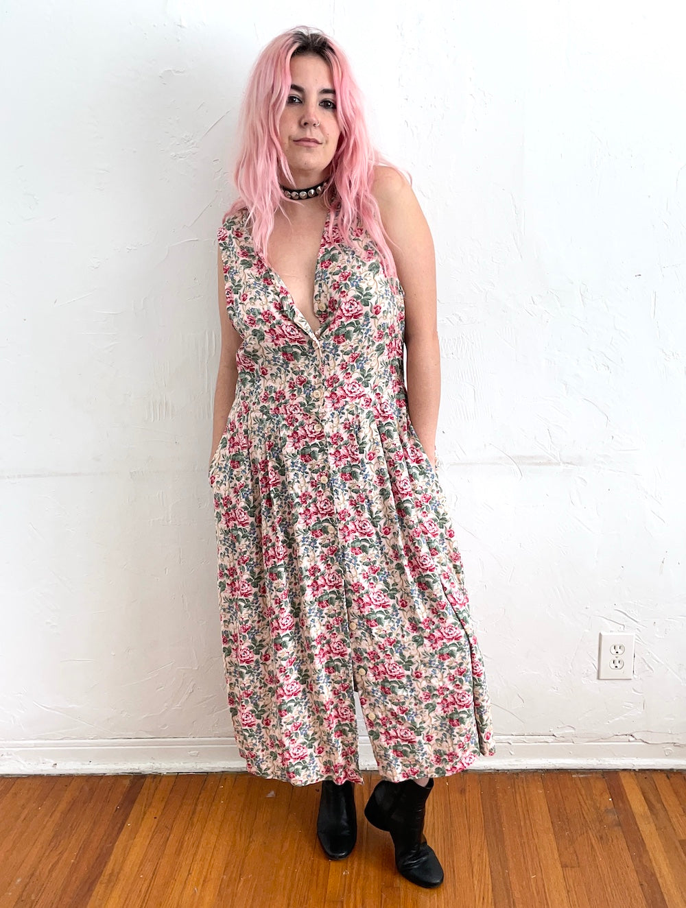 Vintage 90s Pink Cabbage Rose Floral Print Button Down Maxi Dress Total Recall Vintage Vintage 90s Pink Cabbage Rose Floral Print Button Down Maxi Dress Total Recall Vintage