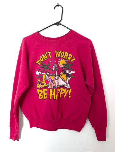 Don't Worry Be Happy Funny Vintage 80s Cartoon Raglan Sweatshirt