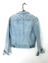 Load image into Gallery viewer, Decadence is a Way of Life Spiked Vintage 90s Denim Jacket with Cute Retro Pins
