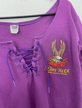 Load image into Gallery viewer, Vintage 90s Purple Long Sleeve Lace-Up Eagle And Rose Bike Week Tee