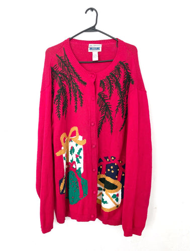 Vintage 80s Under The Tree Oversized Ugly Christmas Sweater Cardigan