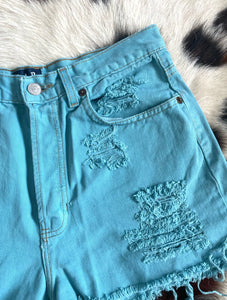 Vintage 90s Light Teal High-Waist Shredded Denim Shorts -- Size 29