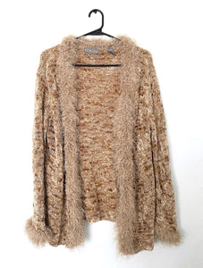 medium length vintage y2k  open front cardigan in a brown and beige palette with fuzzy trim