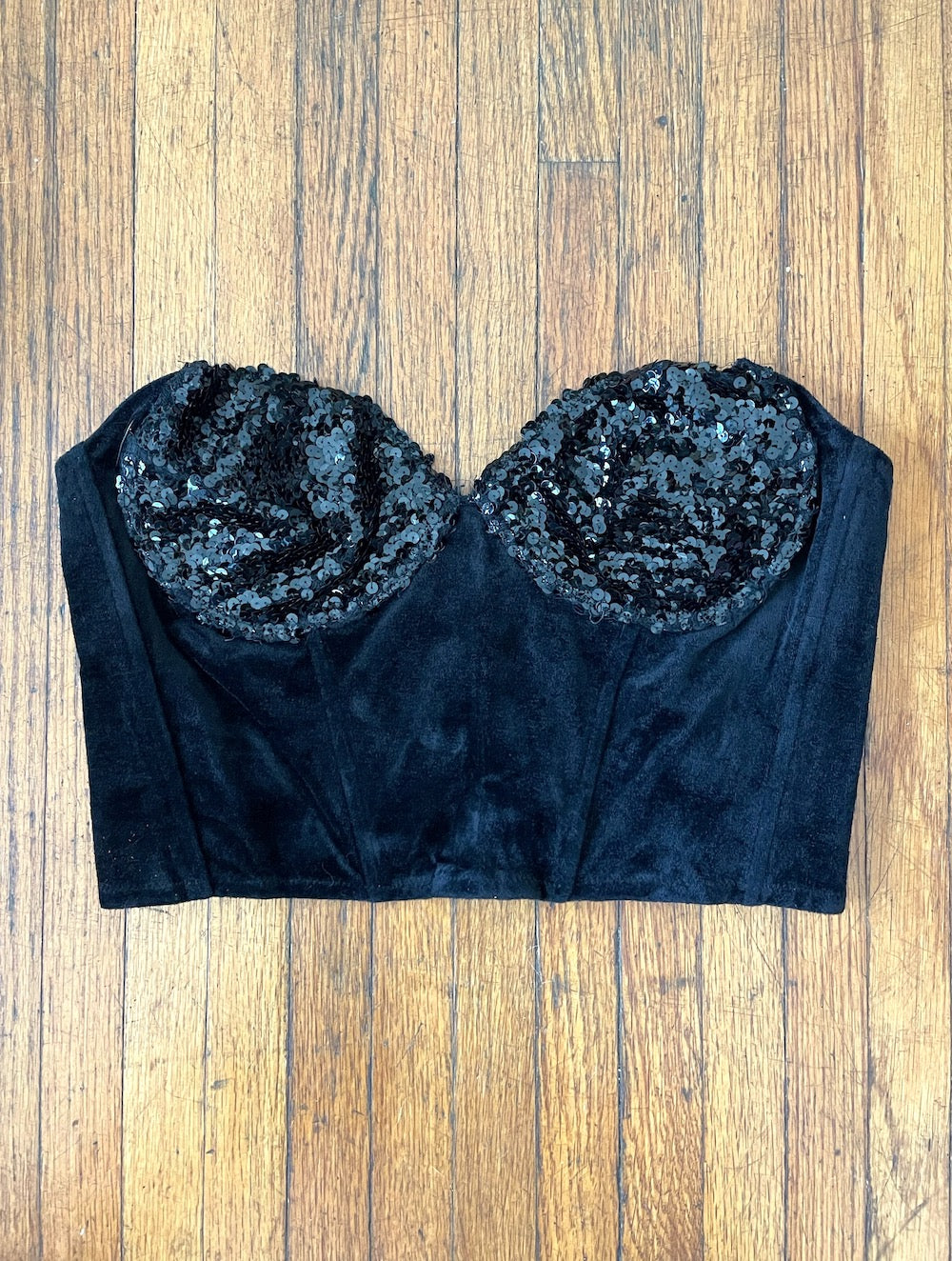 Vintage Cropped Black Velvet Sequined Bustier Bra Top